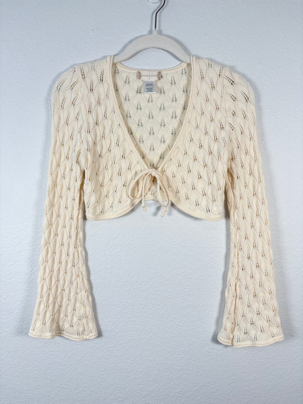 Altar'd State Cream Knit V Neck Flare Sleeve Cropped Cardigan Shrug Sweater